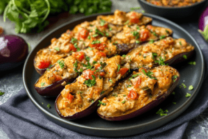 Eggplant Chicken Keto Recipe: A Delicious and Nutritious Low-Carb Meal chicken breasts, garlic cloves, olive oil, and spices arranged on a kitchen counter for a keto recipe